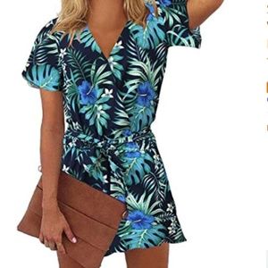 V Neck Short Sleeve Belted Short Jumpsuit Romper